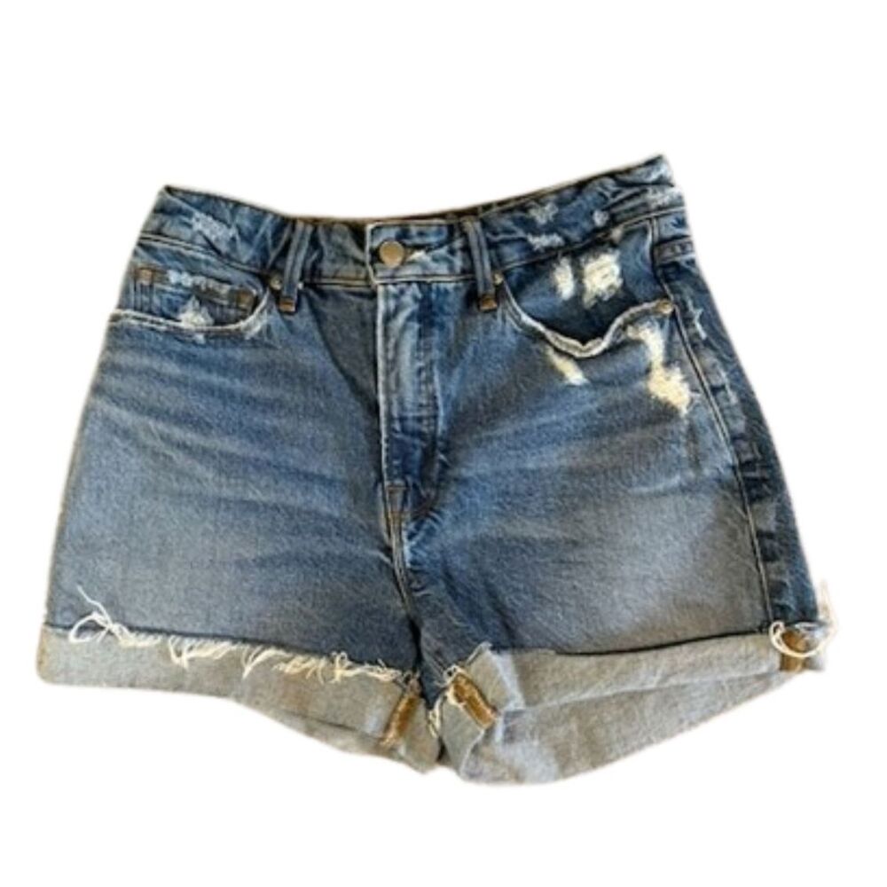 Good American Denim Shorts Women’s 2/26 Blue Distressed Cuffed Mid Rise
